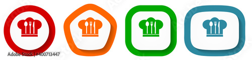 Chef hat, cook and kitchen vector icon set, flat design buttons on white background