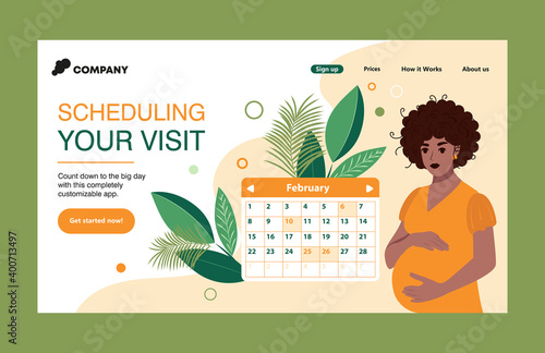 Landing page with a calendar for planning a visit for a consultation with a doctor. African American black pregnant woman book a date for a medical appointment. Vector illustration