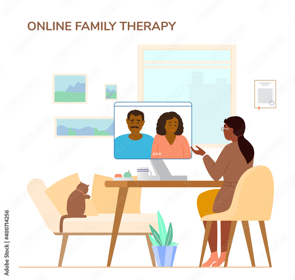 Online Family Therapy Concept Flat Vector Illustration. Woman Psychologist Or Psychotherapis Giving Online Session To African American Couple By Videoconference From Her Office. Online Family Therapy Concept Flat Vector Illustration. Woman Psychologist Or Psychotherapis Giving Online Session To African American Couple By Videoconference From Her Office.