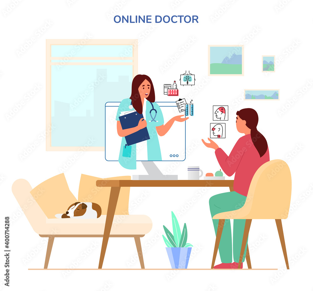Online Doctor Consultation Concept. Woman Sitting At Desk At Home Talking To Doctor By Videoconference. Symptomes and Prescriptions Icons. Flat Vector Illustration. 