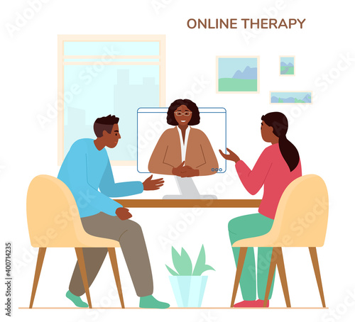 Online Family Therapy Concept Flat Vector Illustration. African American Couple Discussing Their Problems With Woman Psychologist Or Psychotherapist By Videoconference Call.