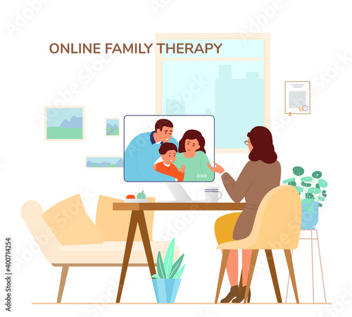 Online Family Therapy Concept Flat Vector Illustration.  Woman Psychologist Or Psychotherapis Giving Online Session By Videoconference From Her Office.