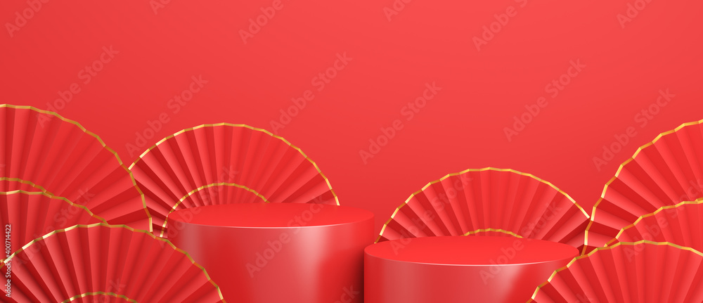Happy Chinese new year or Mid Autumn festival podium display mockup wide background with hand paper fan, umbrella, gong xi fa cai, template, 3D rendering illustration.