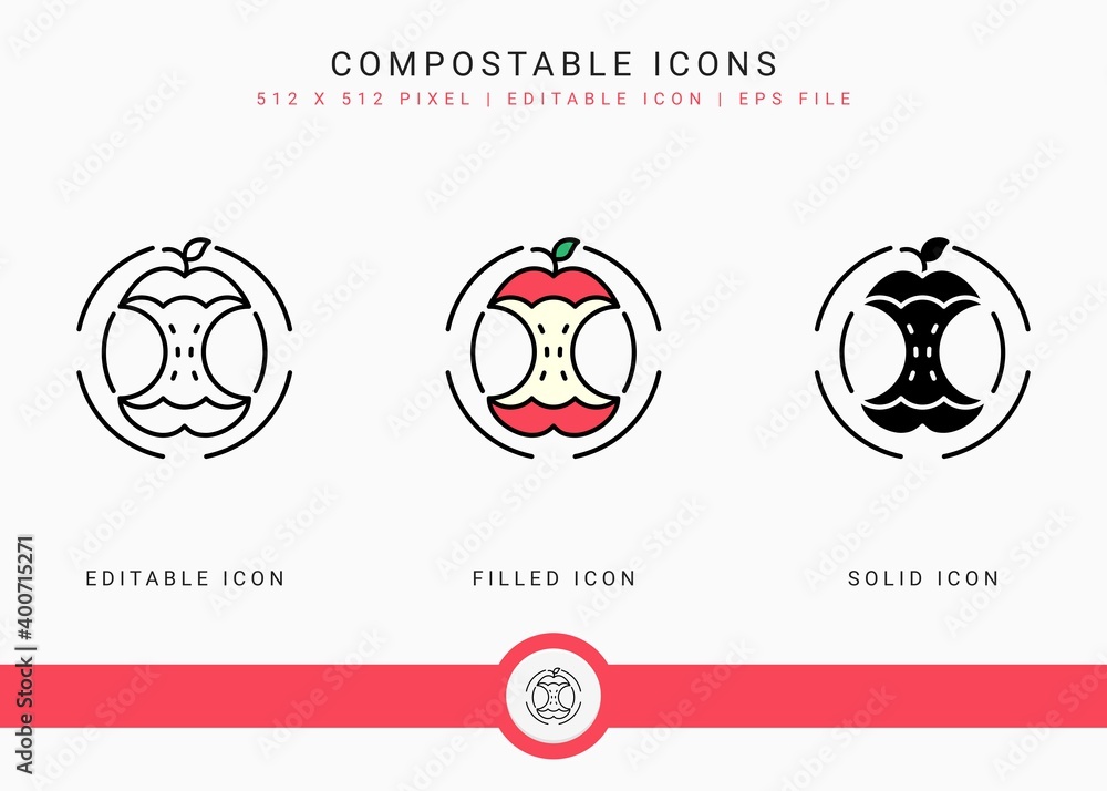 Compostable icons set vector illustration with solid icon line style. Bio decompose concept. Editable stroke icon on isolated background for web design, infographic and UI mobile app. Compostable icons set vector illustration with solid icon line style. Bio decompose concept. Editable stroke icon on isolated background for web design, infographic and UI mobile app.