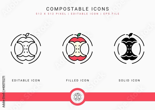 Compostable icons set vector illustration with solid icon line style. Bio decompose concept. Editable stroke icon on isolated background for web design, infographic and UI mobile app.