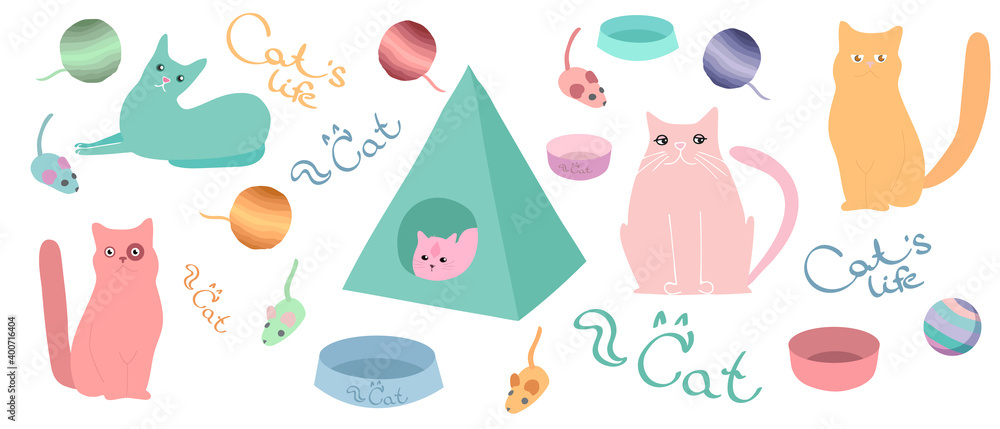 vector set of cute multicolored cats. Cat houses and toys.