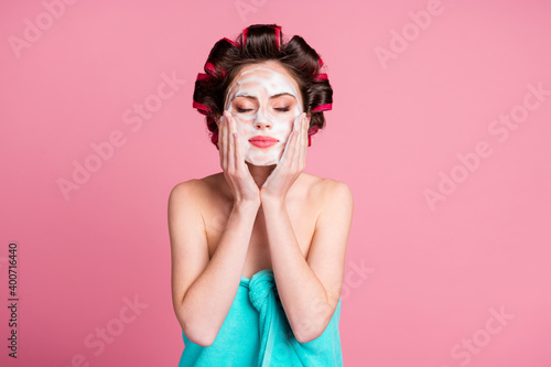 Photo of girl apply white scrub clean skin make flawless silky smooth wear towel isolated pastel color background
