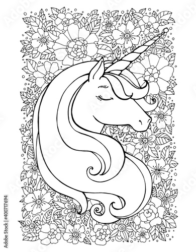 Unicorn, floral pattern. Magical, amazing animal. Vector cartoon artwork. Black and white. Coloring book page for adult and kid. Hand drawn illustration. Fairy tale concept