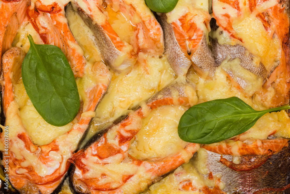 Rainbow trout steaks baked with cheese, top view, background Rainbow trout steaks baked with cheese, top view, background