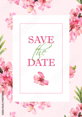 Wedding invitation with watercolor pink flowers of almond branch