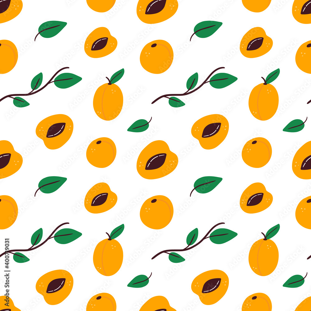 Vector seamless pattern background with apricot fruits, leaves and branches.