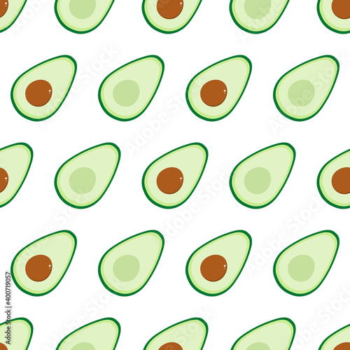 Cute cartoon style green avocado vector seamless pattern background for vegan, diet and healthy food design. 