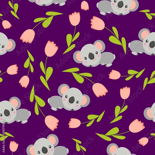 Seamless pattern with koala babies and pink tulips. Purple background. Floral ornament. Flat сartoon style. Cute and funny. For kids postcards, textile, wallpaper and wrapping paper. Spring and summer