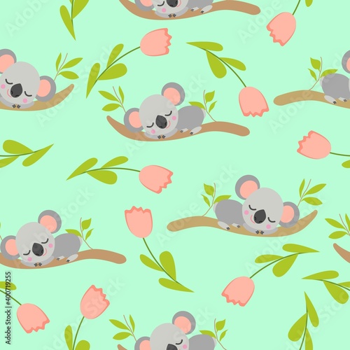 Seamless pattern with koala babies sleeping on eucalyptus branches and pink tulips. Light green background. Flat design. Cartoon style. Cute and funny. For kids textile  wallpaper and wrapping paper