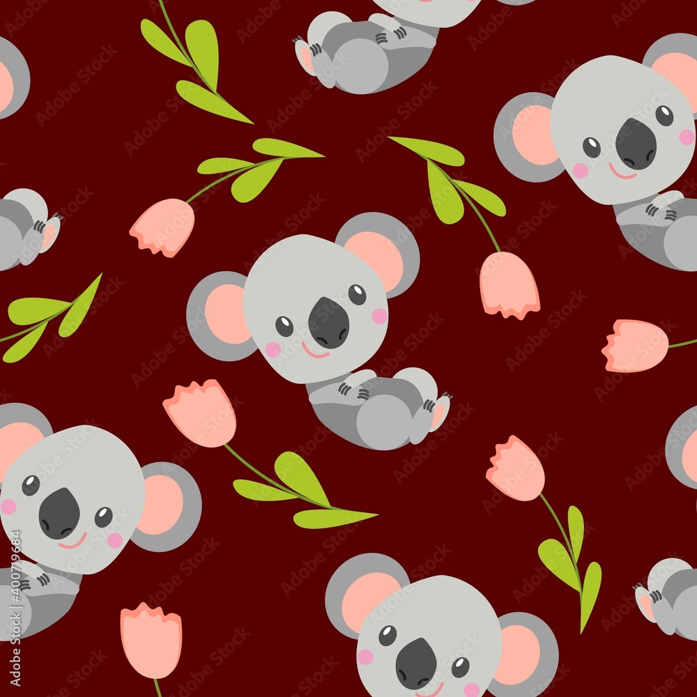 Seamless pattern with smiling koala baby and pink tulips. Red background. Flat cartoon style. Cute and funny. For kids postcards, textile, wallpaper and wrapping paper. Summer and spring ornament Seamless pattern with smiling koala baby and pink tulips. Red background. Flat cartoon style. Cute and funny. For kids postcards, textile, wallpaper and wrapping paper. Summer and spring ornament