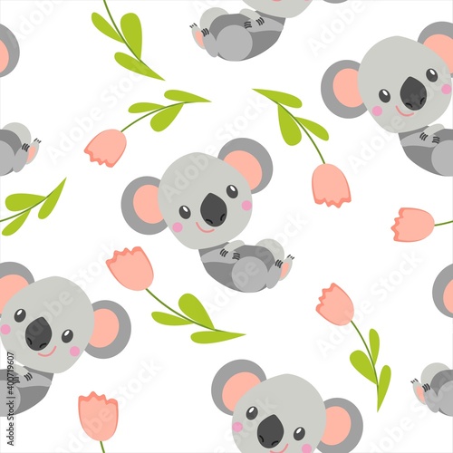 Fototapeta Naklejka Na Ścianę i Meble -  Seamless pattern with smiling koala baby and pink tulips. White background. Flat cartoon style. Cute and funny. For kids postcards, textile, wallpaper and wrapping paper. Summer and spring ornament