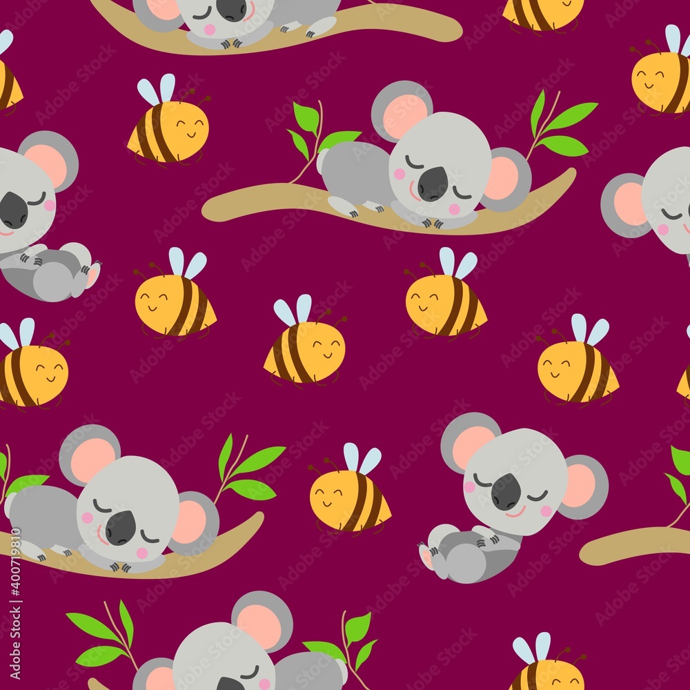 Seamless pattern with koala babies sleeping on eucalyptus branches and yellow bees. Red background. Flat design. Cartoon style. Cute and funny. For kids textile, wallpaper and wrapping paper. Summer Seamless pattern with koala babies sleeping on eucalyptus branches and yellow bees. Red background. Flat design. Cartoon style. Cute and funny. For kids textile, wallpaper and wrapping paper. Summer