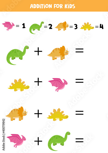 Addition game with cute cartoon dinosaurs. Math worksheet.