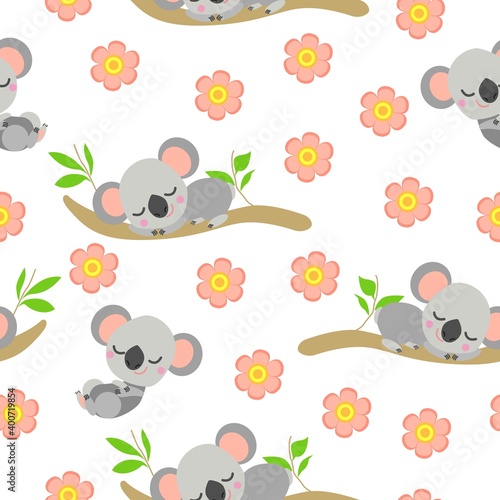Seamless pattern with koala sleeping on eucalyptus branches and pink flowers. White background. Flat cartoon style. Cute and funny. For postcards, textile, wallpaper, prints and wrapping paper