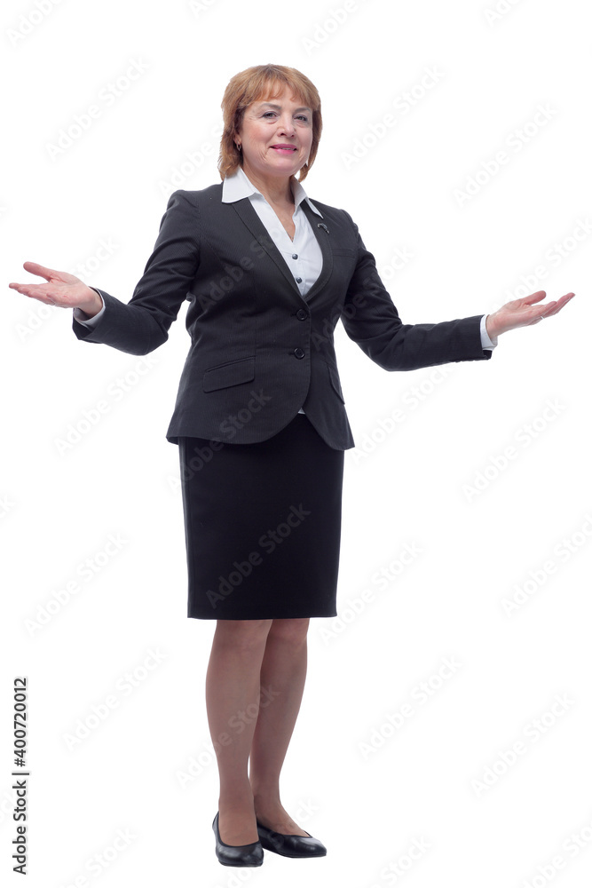 Middle-aged woman on white background holding open palms up Middle-aged woman on white background holding open palms up