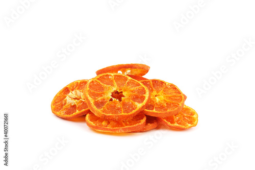 a bunch of orange chips isolated on a white background close up photo