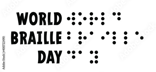 Slogan World braille day, blind. Alphabet for blind, reading braille code signs. Louis Braille france Coupvray. 4 January Flat vector symbol. Text touching the relief hand finger quote. Points or dots
