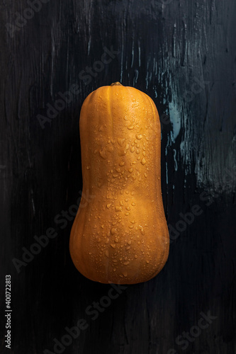 On a black wooden and wet table lies a bottle-shaped pumpkin