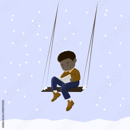 a young guy reads a book in a winter evening on a swing, card for a distant friend 