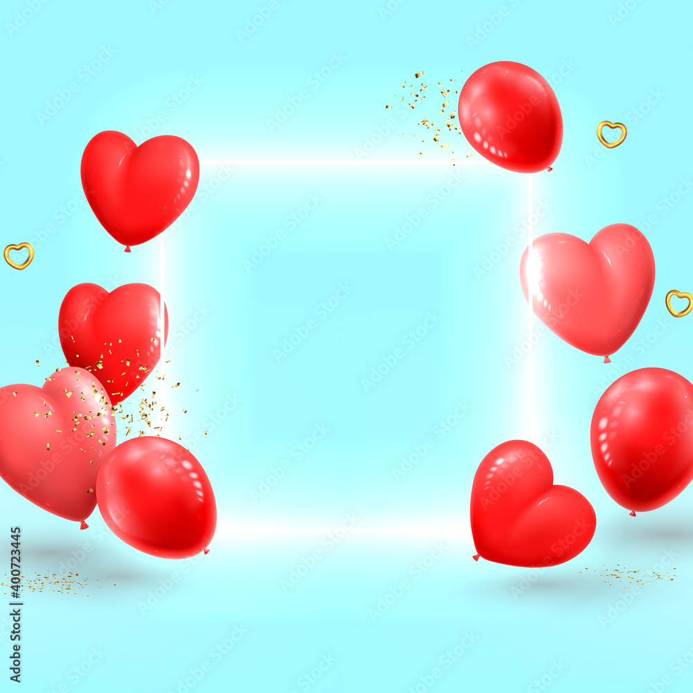 Happy Valentine's Day card. Neon square, realistic red and pink balloons, golden hearts and confetti on blue background. Vector illustration with 3d decorative objects for Valentine's Day.