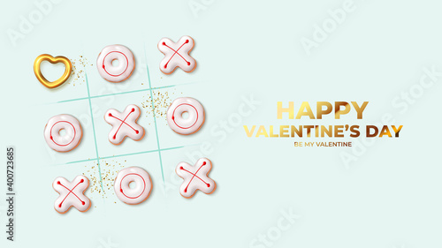 Happy Valentine's Day banner. Holiday background with realistic XO cookies, golden heart and confetti. Concept of tic tac toe game. Vector illustration with 3d decorative objects for Valentine's Day.