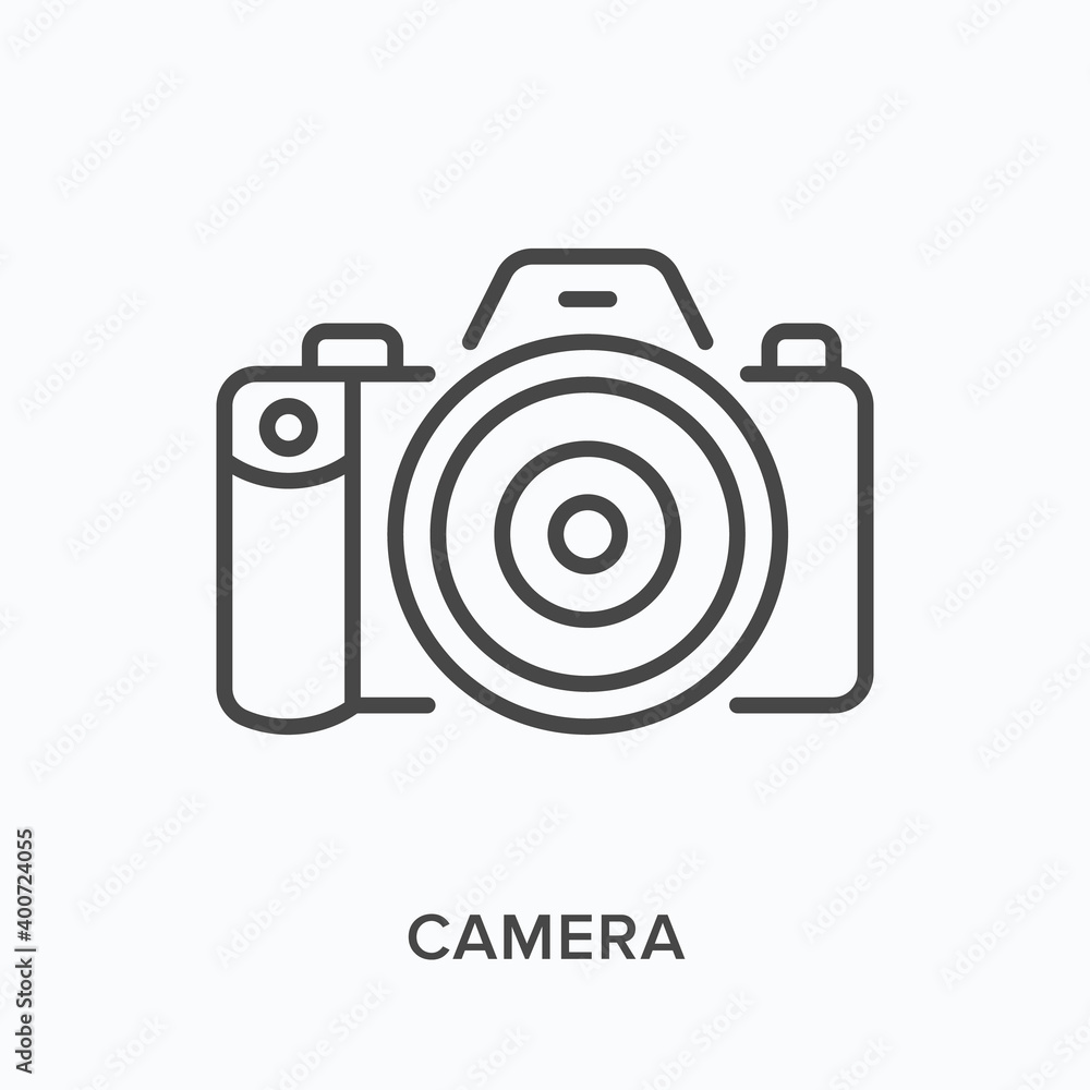 Camera flat line icon. Vector outline illustration of photo equipment. Photocamera black thin linear pictogram for photograph Camera flat line icon. Vector outline illustration of photo equipment. Photocamera black thin linear pictogram for photograph
