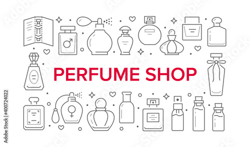 Perfume bottles poster with thin line icons. Vector horizontal illustration included icon glass sprayer, luxury parfum sampler, essential oil outline pictogram for cosmetic store flyer, brochure