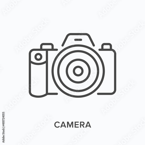 Camera flat line icon. Vector outline illustration of photo equipment. Photocamera black thin linear pictogram for photograph