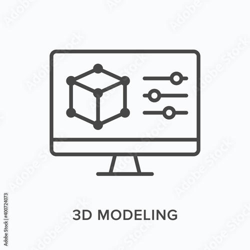 3d modeling flat line icon. Vector outline illustration of computer screen with cube prototype. Product design black thin linear pictogram for engineering
