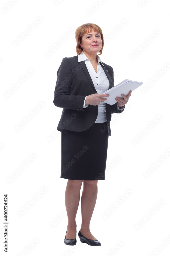 Adult female in black suit holding papers in her hand, isolated on white Adult female in black suit holding papers in her hand, isolated on white