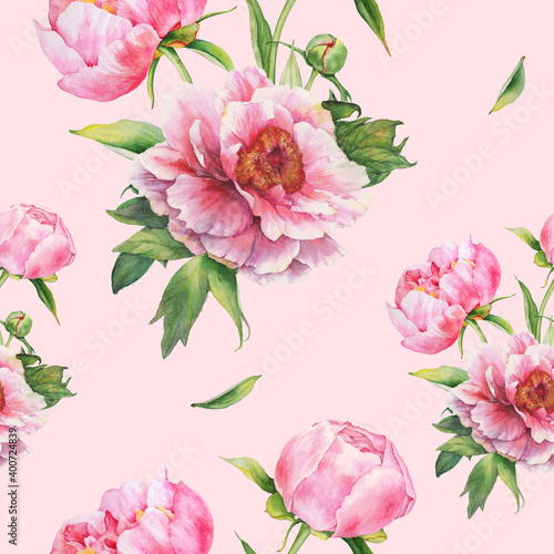 Seamless pattern with watercolor bouquet of pink peonies. For backgrounds, textiles, wrapping papers, greeting cards and invitations © Natalia Zueva