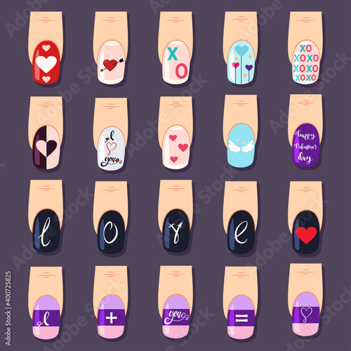 Nails art set for St. Valentine's Day. Vector cartoon design of a female manicure for a holiday.