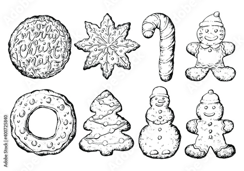 Sketch Christmas gingerbread cookies set, vintage etching vector illustration.