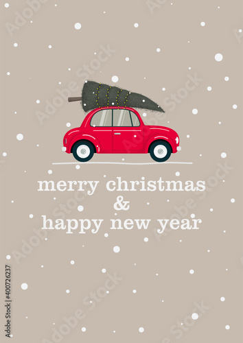retro red car with green tree and light garland on roof, merry christmas and happy new year text, flat textured shadow style, stock vector illustration for vertical poster, header, postcard, card