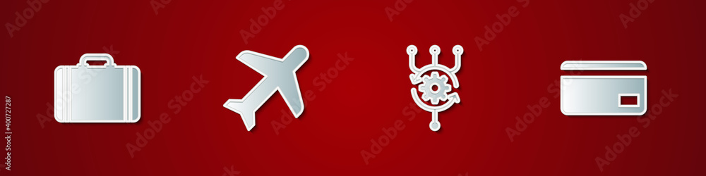 Set Suitcase for travel, Plane, Algorithm and Credit card icon. Vector. Set Suitcase for travel, Plane, Algorithm and Credit card icon. Vector.