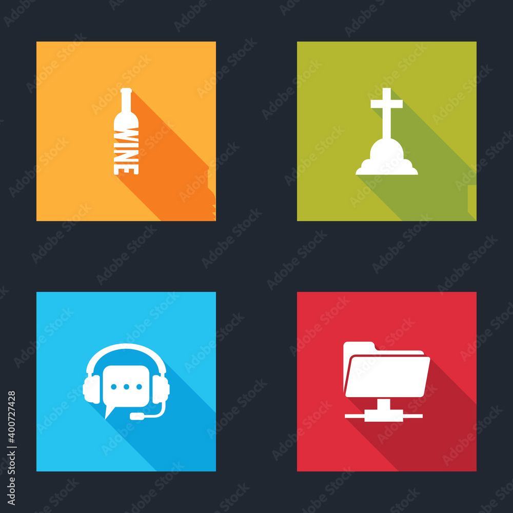 Set Bottle of wine, Tombstone with cross, Headphones speech bubble and FTP folder icon. Vector. Set Bottle of wine, Tombstone with cross, Headphones speech bubble and FTP folder icon. Vector.