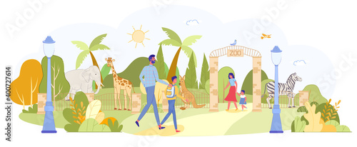 Parent with Children Visiting Zoo with Wild Animal