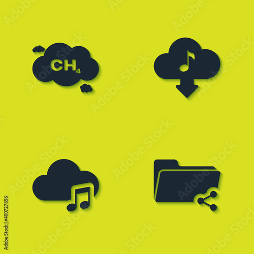 Set Methane emissions reduction, Share folder, Music streaming service and Cloud download music icon. Vector.