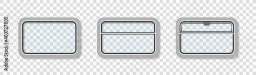 Train and subway window. Interior of inside metro. Window of wagon of train. Commuter and intercity railroad. Icons for transport, travel isolated on transparent background. Metal interior. Vector