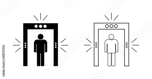 Icon of security in airport. Metal detector for check, inspection of body. Gate of scan in airport. Sign of scanner of tsa. Screening machine for checkpoint, police. Frame for person safety. Vector.