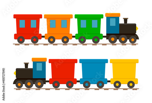 Toy train for kid. Cartoon child locomotive with wagons. Icon of cute train on railway. Isolated set on white background for children. Locomotive with engine and wheels on rails for holiday. Vector