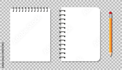 Notebook with spiral. Blank notepad with metallic binder. Mockup of white diary with pencil. Template of realistic square copybook isolated on transparent background. Sketchbook for note. Vector
