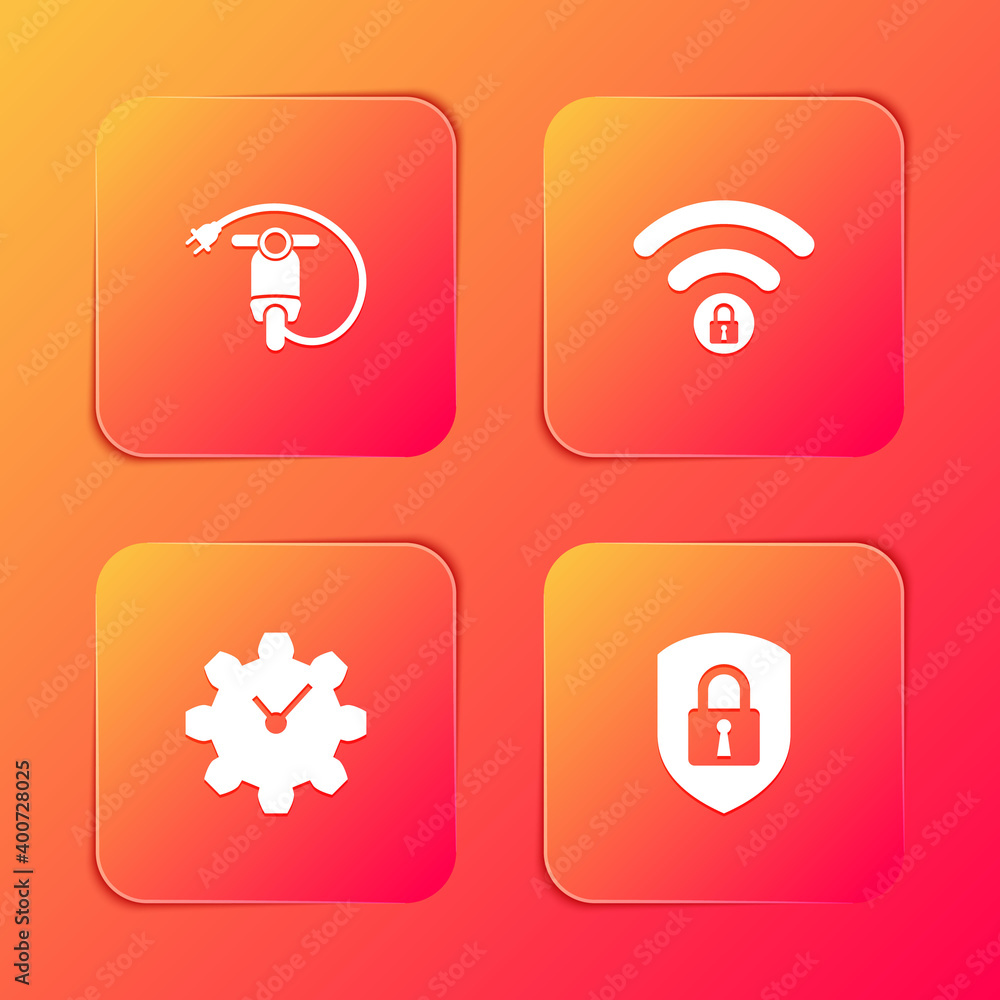Set Electric scooter, Wifi locked, Time Management and Shield security with icon. Vector. Set Electric scooter, Wifi locked, Time Management and Shield security with icon. Vector.