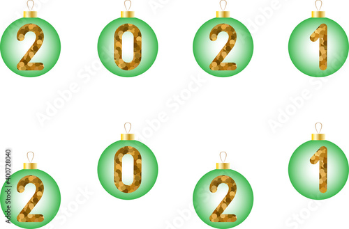 Vector image of the year 2021 on Christmas tree toy decoration for holiday - golden number on a green background