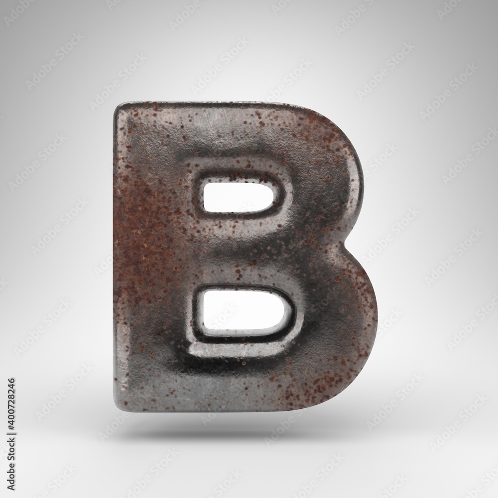 Letter B uppercase on white background. Rusty metal 3D letter with oxidized texture. Letter B uppercase on white background. Rusty metal 3D letter with oxidized texture.